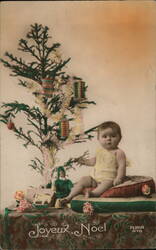 Baby by Christmas Tree, Joyeux Noel Children Postcard Postcard Postcard