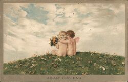 Adam und Eva, Two Naked Children Embracing Postcard