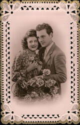 Romantic Couple with Basket of Roses Postcard