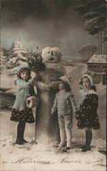 Three Children with Snowman, Bonne Année Postcard