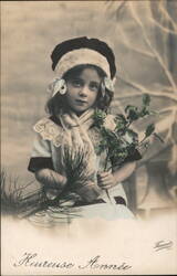 Happy New Year Girl with Holly and Pine Sprig Postcard