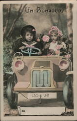 Two Children in Antique Toy Car, Un Bonjour Postcard