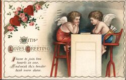 Two Cupids with Valentine Letter, Love's Greeting Postcard