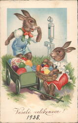 Two Easter Bunnies with a Wagon of Eggs, 1938 Postcard