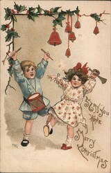 Boy and Girl Playing Instruments, Merry Christmas Children HBC Postcard Postcard Postcard