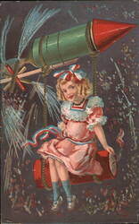 Girl on Firecracker Swing, 4th of July Postcard