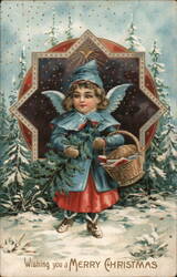 Christmas Angel with Basket and Evergreen Bough Postcard