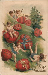 Cupids & Cherubs with Valentine Hearts Angels Postcard Postcard Postcard