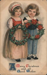 Children with Holly and Poinsettia Wreaths, Christmas Postcard