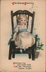 Little Girl in Blue Sash, Christmas Tree and Candles Postcard