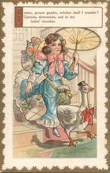 Goosey Goosey Gander, Girl with Parasol, Goose, Flowers Postcard