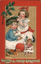 Two Girls with Toys, Wishing You A Merry Christmas Children Postcard Postcard Postcard