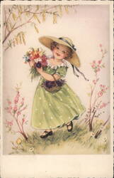 Little Girl with Flowers and Basket Postcard