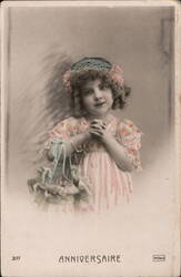 French Birthday Postcard, Girl with Basket Postcard