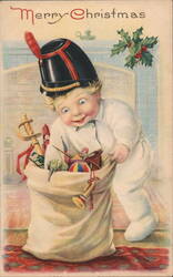 Merry Christmas Baby with Toy Bag Children Postcard Postcard Postcard