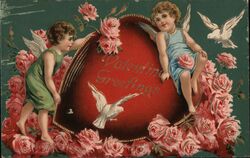 Valentine Greetings, Two Cherubs, Doves, Roses, Heart Postcard