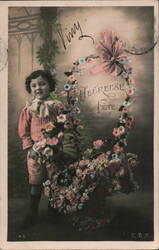 Vintage French Postcard, Child with Flower Basket, Heureuse Fete Children Postcard Postcard