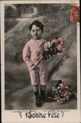 Boy in Pink Suit with Flowers, Bonne Fete Postcard