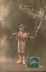 Bonne Fete, Young Girl with Roses, French Postcard Postcard