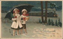 Children with Umbrella and Gifts, Train in Snow, New Year Postcard Postcard Postcard