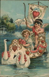 Cupid in Swan Boat, New Year Postcard Postcard