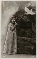 Little Girl with Dove by Dovecote, Bonne Fete Postcard