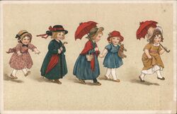 Five Little Girls with Umbrellas and Hats Postcard