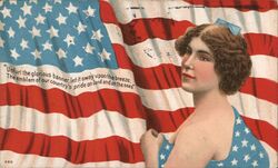 Patriotic Woman with American Flag Postcard