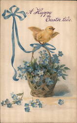 Happy Easter Chick on Basket of Forget-Me-Nots Postcard Postcard Postcard