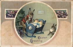 Easter Greeting, Rabbit Family with Chicks in Cradle Postcard