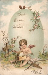 Cherubic Angel with Bow and Arrow Decorating Easter Egg Postcard