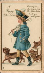 Boy with Dachshunds, Happy Christmas Postcard