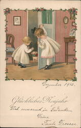 Children Opening Door for Piglet, Happy New Year 1933 Postcard Pauli Ebner Postcard Postcard