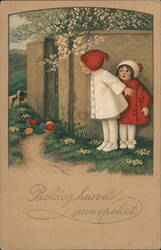 Two Children Hiding by Wall with Easter Eggs, Vintage Postcard Postcard