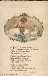 Two Children Admire Baby in Cradle, Poem "Only a baby small" Postcard