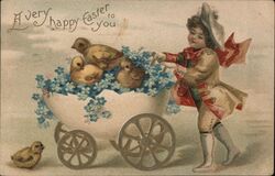 Happy Easter Boy with Chicks in Eggshell Cart Postcard Postcard Postcard