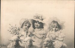 Three Girls with Lambs, Easter Postcard Postcard