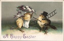 Happy Easter Chicks with Eggs and Chimney Brush Postcard