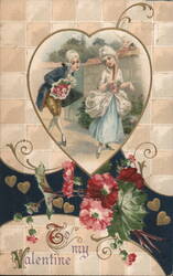 To My Valentine, Colonial Couple, Flowers, Gold Hearts Postcard