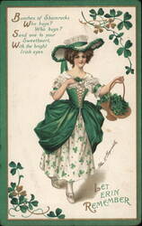 St. Patrick's Day Girl with Shamrocks and Basket Postcard