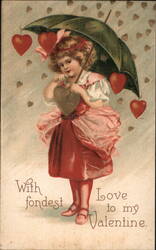 Little Girl with Umbrella and Hearts Valentine Postcard Postcard