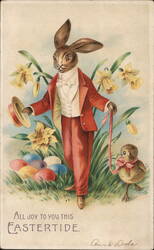 Anthropomorphic Easter Bunny with Chick and Eggs Postcard