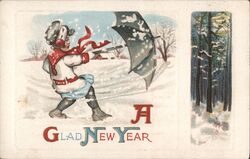 Child with Umbrella in Snow, A Glad New Year Postcard