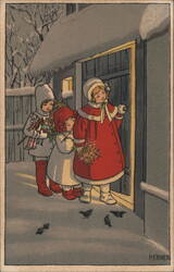 Three Children Caroling in the Snow Postcard