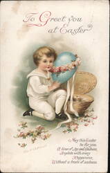 Boy with Easter Egg in Basket, Vintage Postcard Postcard