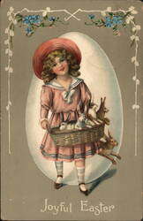 Joyful Easter Girl with Basket of Bunnies Postcard