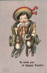 Baby in Cart Pulled by Rabbits, Happy Easter Postcard Postcard