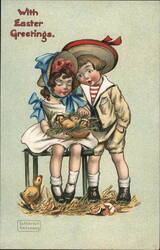 Boy and Girl with Easter Chicks With Children Katharine Greenaway Postcard Postcard Postcard