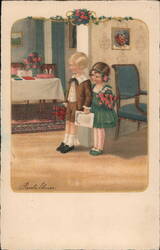 Boy and Girl with Flowers and Certificate Postcard