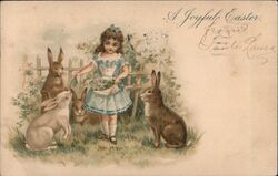 A Joyful Easter, Girl Feeding Rabbits Postcard